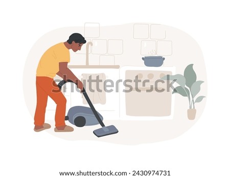 Dads and housework isolated concept vector illustration. Dad doing housework, chores at home, father son daughter folding clothes, fun cooking, cleaning together, wash dishes vector concept.