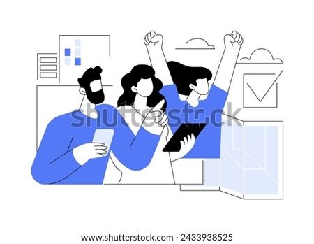 Complete tasks isolated cartoon vector illustrations. Group of young friends take part in city scavenger hunt, people urban lifestyle, find a quest solution, recreation day vector cartoon.