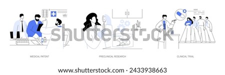 Pills production abstract concept vector illustration set. Medical patent approval, preclinical research, volunteers in clinical trial, legal drug testing, pharmaceutical market abstract metaphor.