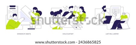 Lawyer services abstract concept vector illustration set. Division of assets and property, child custody, last will lawyer, divorce and family law, legal service, alimony conditions abstract metaphor.