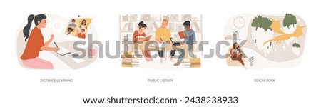 Off campus learning isolated concept vector illustration set. Distance learning, public library, read a book, off campus learning, tutoring and workshop, download e-book, homework vector concept.