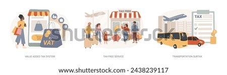 Transportation taxes isolated concept vector illustration set. Value added tax system, tax free service, transportation surtax, VAT number, purchase cost, transit service fee vector concept.