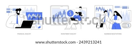 Investment funding isolated cartoon vector illustrations set. Financial analyst explore stock market data, businessman analyze assets, venture funding company, business negotiations vector cartoon.