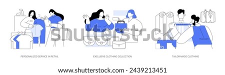 Clothing boutique isolated cartoon vector illustrations set. Personalized service in retail, consultant helps customer, exclusive accessories collection, tailor-made clothing vector cartoon.