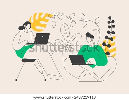 Biophilic design in workspace abstract concept vector illustration. Biophilic room, eco-friendly workspace, green office design trend, bring outdoors indoors, vertical garden abstract metaphor.