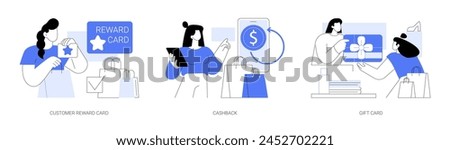 Loyalty program isolated cartoon vector illustrations set. Collect points with customer reward card, satisfied client get cashback, salesperson gives a gift card, shop promotion vector cartoon.