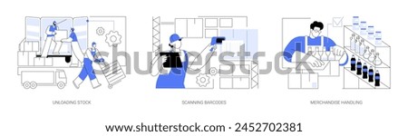 Stock management isolated cartoon vector illustrations set. Group of diverse people in uniform unload a truck, professional warehouse worker scanning barcodes, merchandise handling vector cartoon.