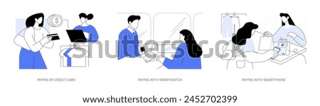 Contactless payment isolated cartoon vector illustrations set. Paying in the shop by credit card, payment using his smartwatch, transfer money with smartphone, nfc connection vector cartoon.