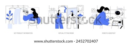 Technologies in retail isolated cartoon vector illustrations set. Customer scanning QR code to get product information, virtual fitting room in clothes store, store robotic assistant vector cartoon.