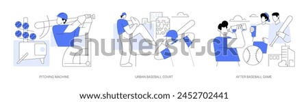 Baseball isolated cartoon vector illustrations set. Pitching machine training tool, diverse young people play baseball on the court, boys have rest after the game, drink water vector cartoon.