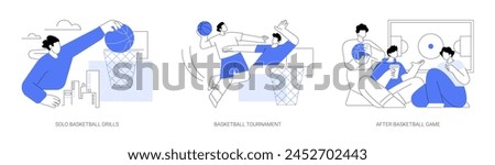 Basketball isolated cartoon vector illustrations set. Athlete throw ball into the basket, training alone, local tournament, diverse team playing together, friends relax after game vector cartoon.