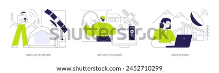 Telecommunications abstract concept vector illustration set. Satellite telephony and television, space internet modern broadcast delivery, radio signal, wireless connection abstract metaphor.