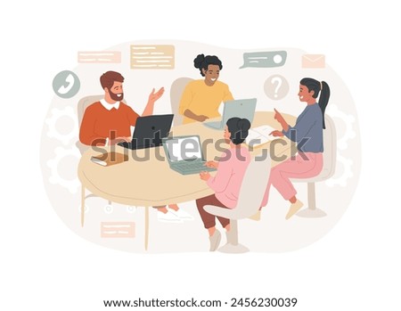 Meeting isolated concept vector illustration. Business meeting room, conference organization, signing contract, discussion at workplace, brainstorming, corporate presentation vector concept.