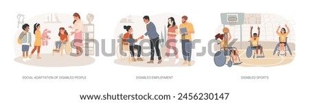 Inclusive social environment isolated concept vector illustration set. Social adaptation of disabled people, disabled employment, sports with physical disabilities, wheelchair vector concept.