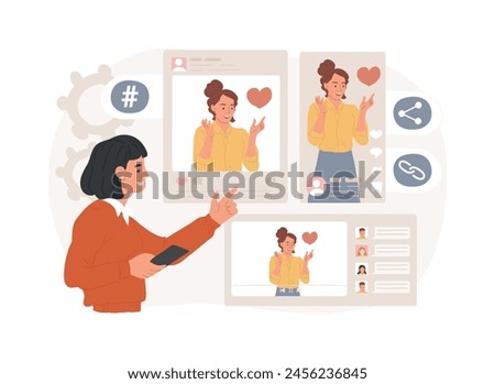 Social network promotion isolated concept vector illustration. Press like button, comment and share, followers, social networks strategy, media promotion, digital marketing vector concept.