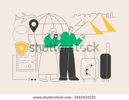 Retirement travel abstract concept vector illustration. Pension traveling, retirement savings, medical care, cover travel expenses, elderly people, insurance, trip destination abstract metaphor.