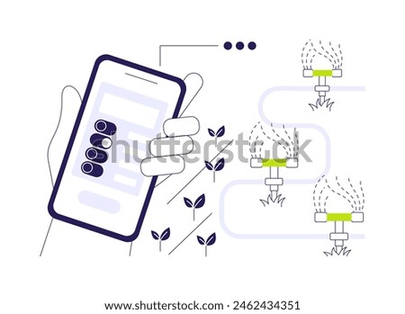 Sprinkler system testing abstract concept vector illustration. Repairman testing new sprinkler system using smartphone app, irrigation indicators, garden maintenance abstract metaphor.