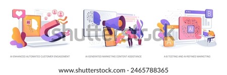 AI in product advertising abstract concept vector illustration set. AI-Enhanced Automated Customer Engagement, AI-Generated Marketing Content, A-B Testing and AI-Refined Marketing abstract metaphor.