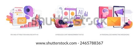 AI Technology for Marketing abstract concept vector illustration set. ROI and Attribution Analysis with AI, AI-Reduced Cart Abandonment Rates, AI-Personalized Marketing Messaging abstract metaphor.