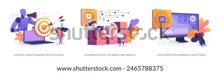 AI in Marketing abstract concept vector illustration set. AI-Driven Targeted Marketing Strategies, AI-Powered Predictive Marketing Insights, AI-Optimized Programmatic Advertising abstract metaphor.