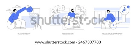 Urban facilities for disabled people isolated cartoon vector illustrations set. Training facility for impaired, person in wheelchair ride accessible path, inclusive public transport vector cartoon.