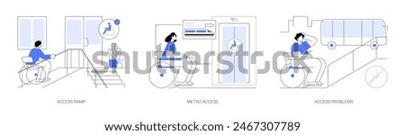Inclusive city environment isolated cartoon vector illustrations set. Man in a wheelchair uses special ramp, elevator in the metro for disabled people, struggling with access vector cartoon.