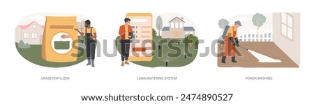 Gardening services isolated concept vector illustration set. Grass fertilizer, lawn watering system, power washing, garden hose, soil nutrients, pop-up sprinkler, dust and mold vector concept.