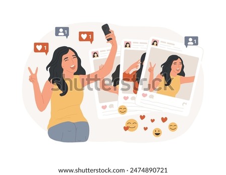 Selfie isolated concept vector illustration. Selfie culture, social network activity, blog popularity, smartphone addiction, digital camera, show and share your personality vector concept.