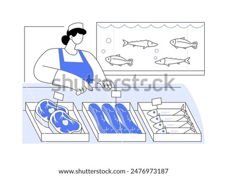 Meat and fish department isolated cartoon vector illustrations. Woman selling meat and fish in grocery store, huge specialty food assortment, delicious meal, supermarket worker vector cartoon.