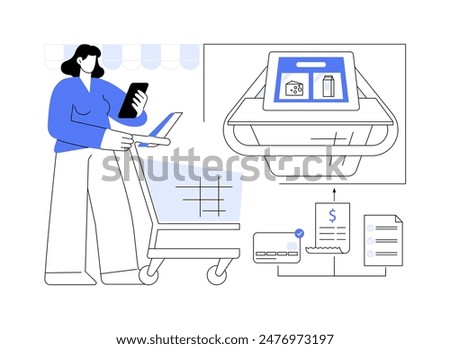 Interactive shopping cart isolated cartoon vector illustrations. Girl with smartphone making smart shopping, specialty food trade business, grocery store, supermarket purchases vector cartoon.