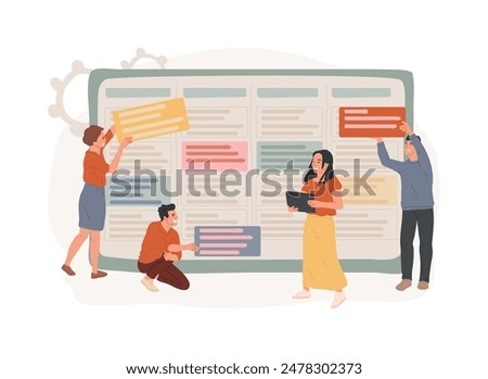 Kanban board isolated concept vector illustration. Teamwork communication process, agile project management, scrum meeting, development stages, work progress visualization vector concept.