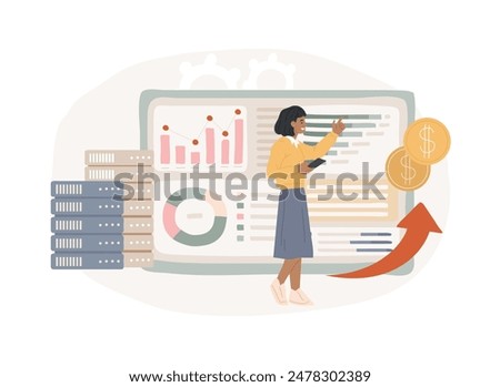 Data monetization isolated concept vector illustration. Data business strategy, information monetization, monetizing data services, selling database, source and analysis vector concept.