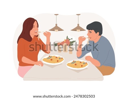 Italian restaurant isolated cartoon vector illustrations. Young couple eating Italian pasta in a luxury restaurant, romantic relationship, first date dinner, people lifestyle vector cartoon.