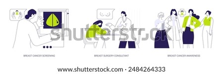 Breast cancer diagnosis abstract concept vector illustration set. Breast cancer screening, mastectomy surgery, breast cancer awareness, x-ray mammogram, medical examination abstract metaphor.