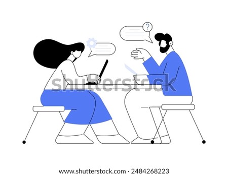 Interviewing a candidate abstract concept vector illustration. Professional HR manager has job interview with candidate, human resources, recruiting idea, headhunting agency abstract metaphor.