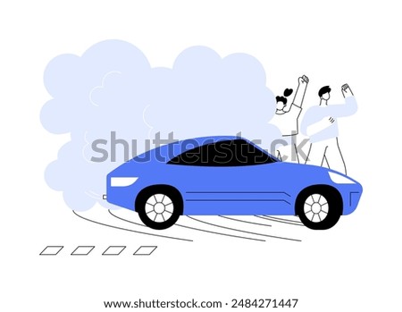 Drift racing abstract concept vector illustration. Professional drift racing show, group of diverse people looking at tuning automobile, motorsport industry, sport transport abstract metaphor.