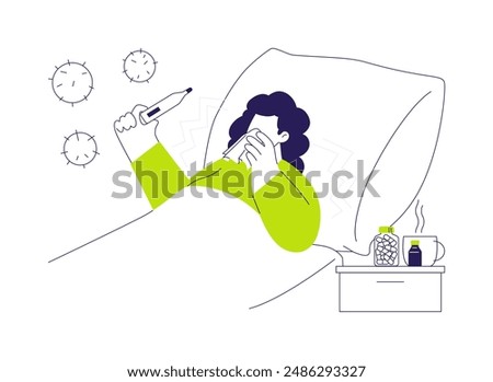 Cold symptoms abstract concept vector illustration. Woman with runny nose and handkerchief, influenza illness, infectious disease, cold season sickness, high temperature abstract metaphor.