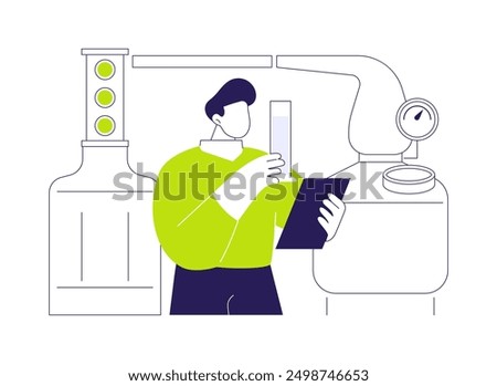 Spirit destilling abstract concept vector illustration. Industrial worker distilling spirit at factory, making hard liquor, alcohol beverage production, drink manufacturing abstract metaphor.