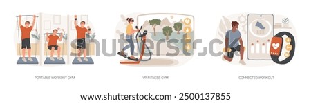 Sport lifestyle isolated concept vector illustration set. Portable workout gym, VR fitness, connected workout, home workout system, virtual reality training session, smart gym vector concept.