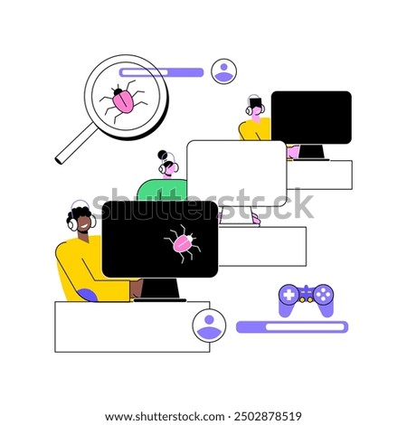 Game testing isolated cartoon vector illustrations. Group of diverse people test new game to identify bugs or errors, modern IT technology, control quality, development process vector cartoon.