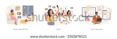 Digital culture isolated concept vector illustration set. Smartphone addiction, selfie, digital wellbeing, phone checking, social network, digital camera, stress management vector concept.