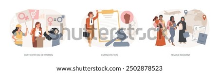 Gender equality isolated concept vector illustration set. Participation of women, emancipation and social equal rights, female migrant, female speaker leader, businesswoman ambition vector concept.