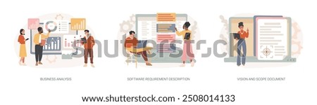 Project development specifications isolated concept vector illustration set. Business analysis, software requirement description, vision and scope document, SWOT analysis, user case vector concept.