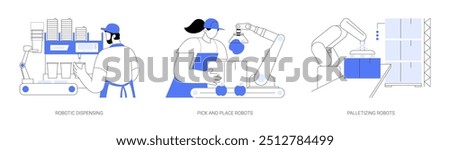 Industry robots isolated cartoon vector illustrations set. Robotic food and beverage dispensing, pick and place robot, service sector automation, palletizing autonomous machine vector cartoon.