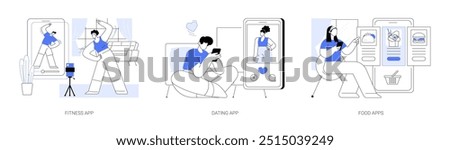 Lifestyle mobile apps isolated cartoon vector illustrations set. Fit woman training at home using fitness application, man swipes photos on dating app, ordering food with smartphone vector cartoon.