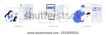 Utility mobile apps isolated cartoon vector illustrations set. Reminder app, woman get notification on smartphone, businessman using calculator on his phone, check weather forecast vector cartoon.