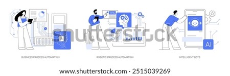 Business process automation isolated cartoon vector illustrations set. Artificial intelligence for workflow organization, turn on RPA mode, intelligent bot, chatbot for marketing vector cartoon.