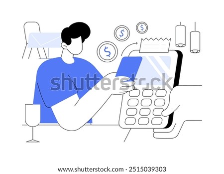 Paying the bill isolated cartoon vector illustrations. Young man paying for food order in restaurant using credit card, cashless payment, service sector, horeca business vector cartoon.