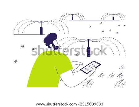 Smart sprinkler system abstract concept vector illustration. Man with smartphone checks outdoor irrigation, smart sprinkler technology, ecology care, sustainable energy sources abstract metaphor.