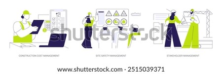 Construction management abstract concept vector illustration set. Construction cost management, safety briefing, stakeholder meeting, working with invoices and reports abstract metaphor.